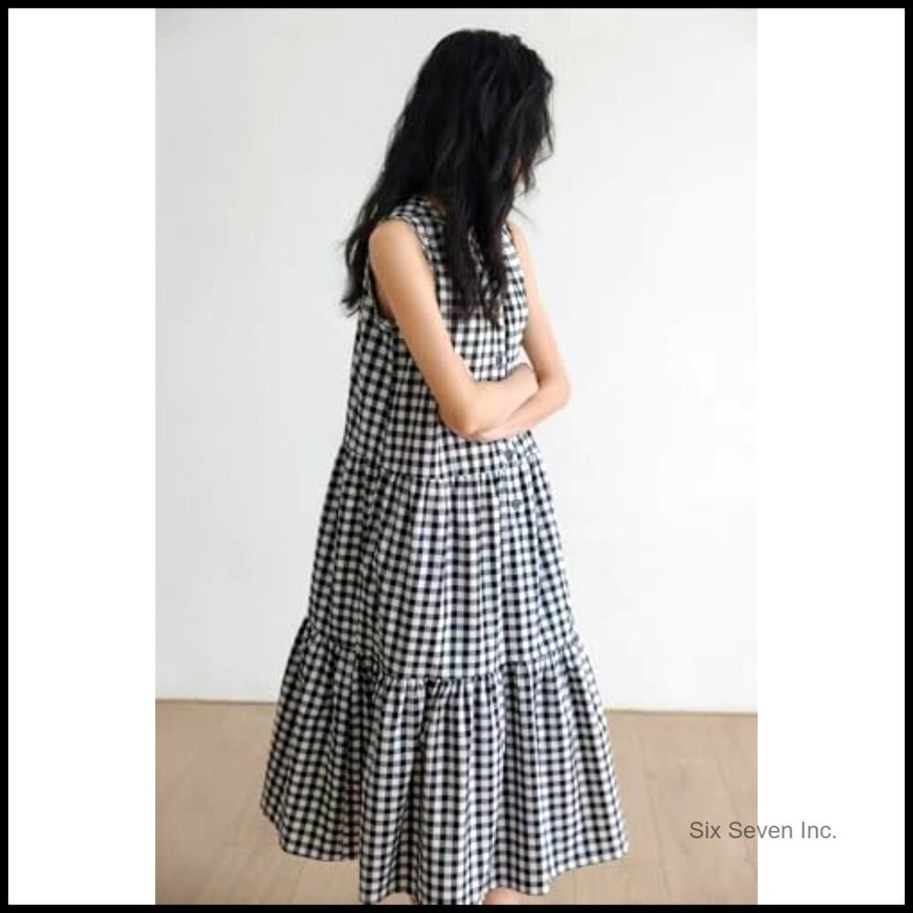 Summer Tiered Tank Dress Cotton Linen Sleeveless Beach Plaid Sun Dress - Picture 3 of 7